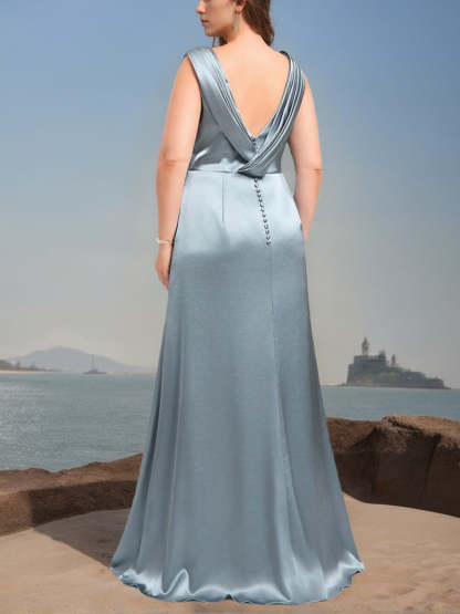 Plus Size Stretch Satin Bridesmaid Dress with Side Split - Floor-Length Princess Cowl Scoop Sleeveless A-Line-BMbridal.UK