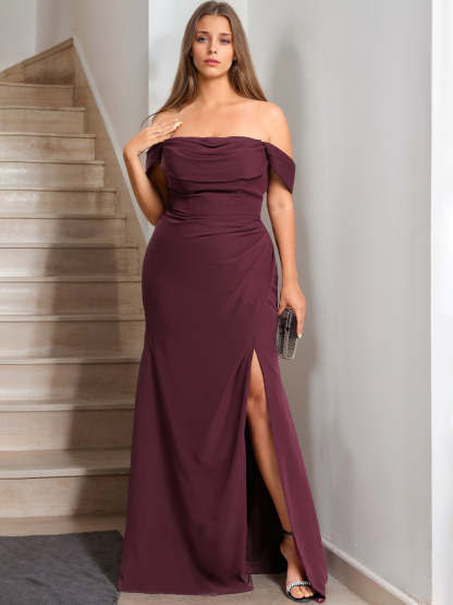 Plus Size Floor-Length A-Line Bridesmaid Dresses with Ruffles and Off-the-Shoulder Princess Neckline