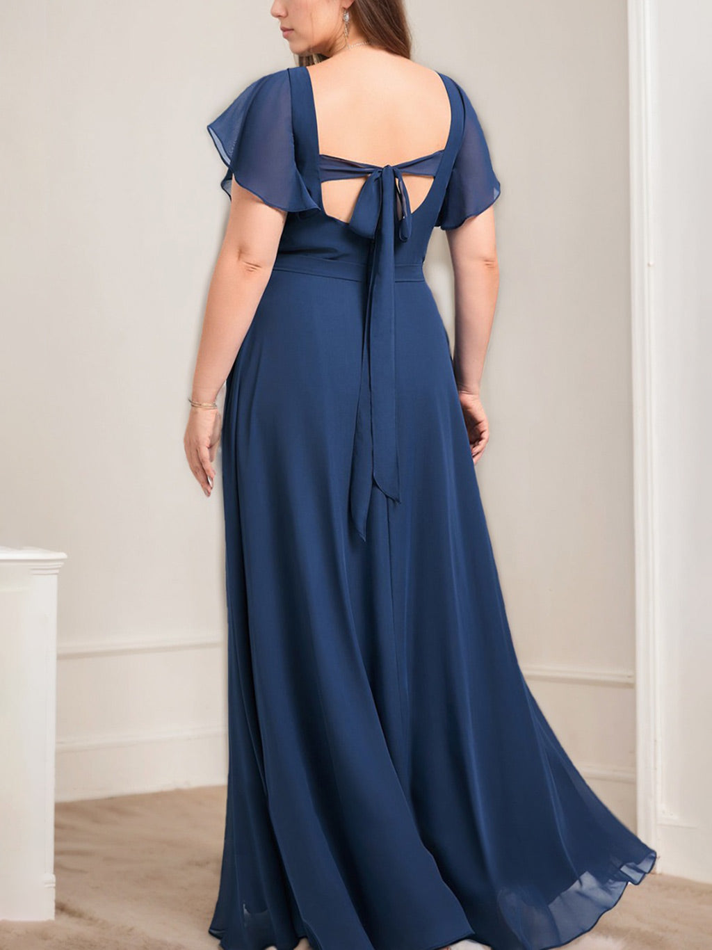 Unique Plus Size V-Neck A-Line Bridesmaid Dress with Side Split and Short Sleeves