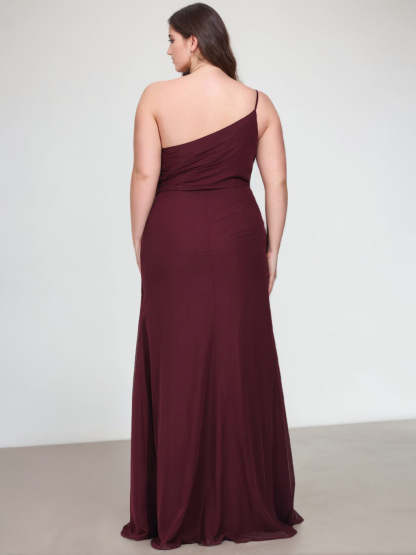 One-Shoulder A-Line Floor-Length Chiffon Plus Size Bridesmaid Dress with Ruffles