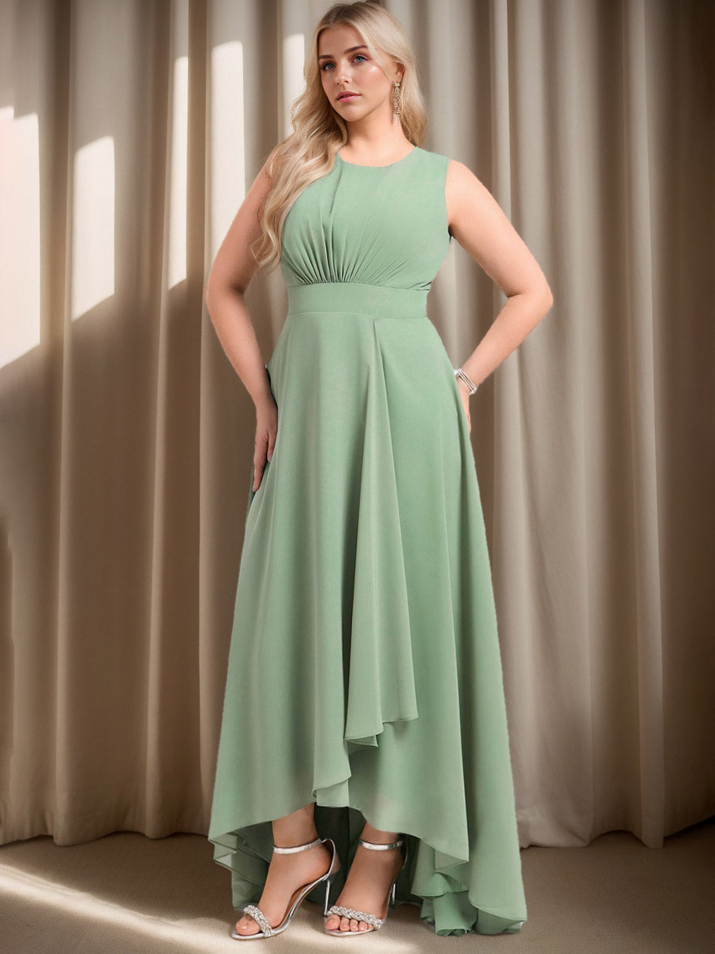 Plus Size Asymmetrical A-Line Bridesmaid Dress with Scoop Neck and Sleeveless Design