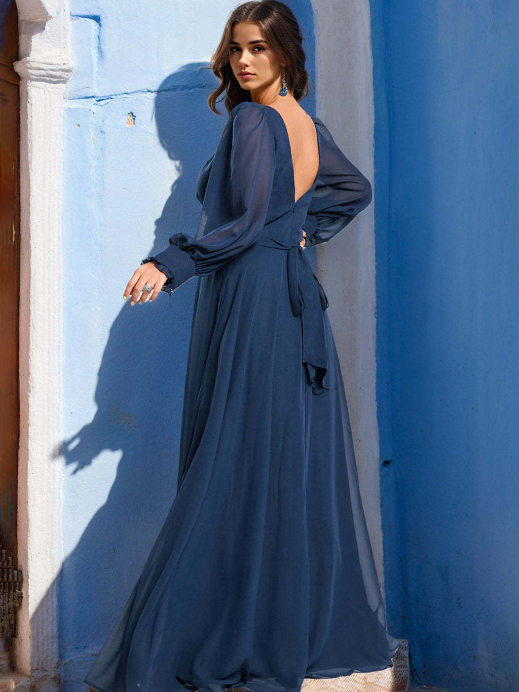 Unique Plus Size A-Line Bridesmaid Dress with V-Neck, Long Sleeves, and Side Split