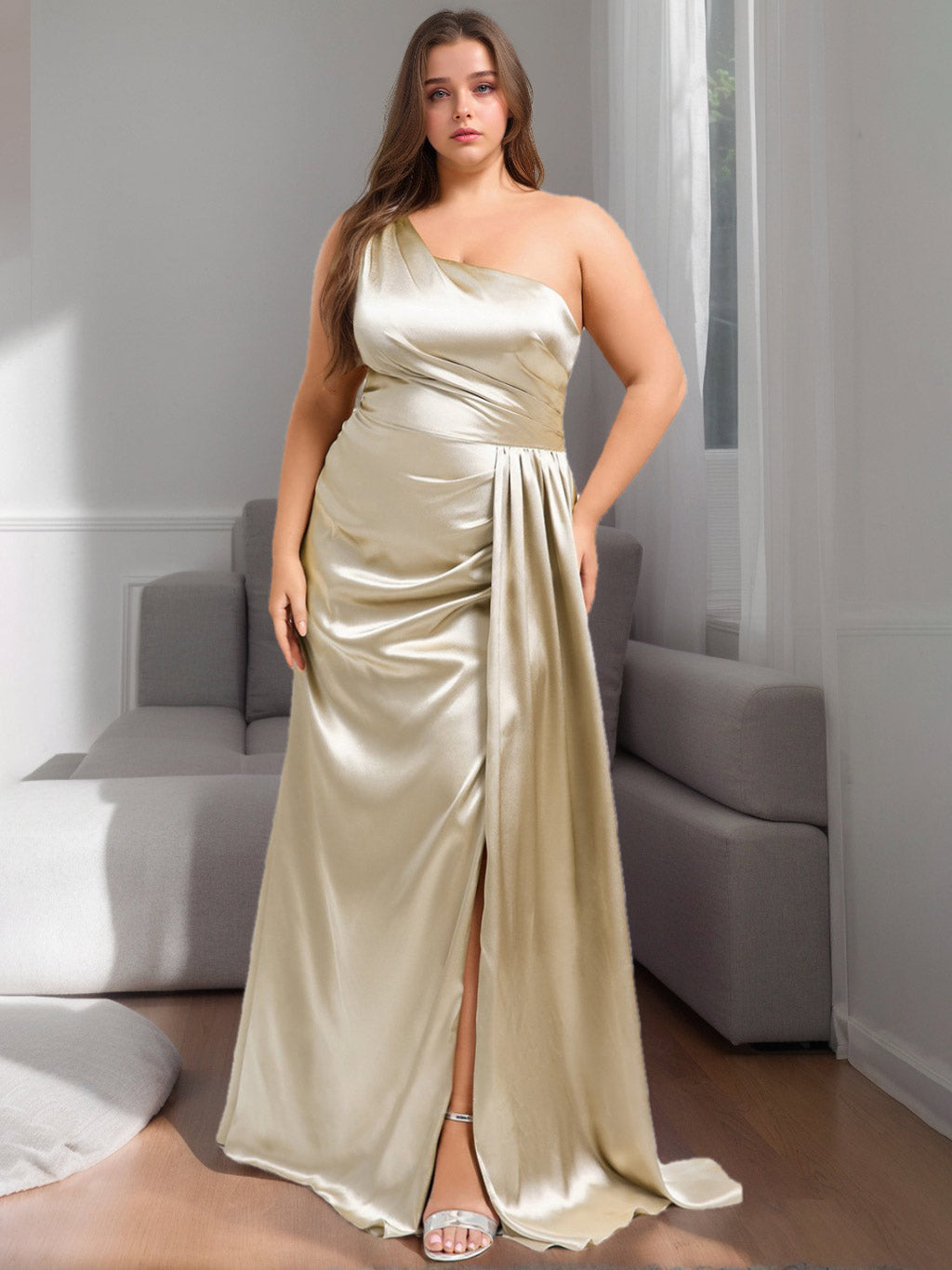 Princess A-Line One-Shoulder Floor-Length Plus Size Bridesmaid Dress in Stretch Satin with Ruffles