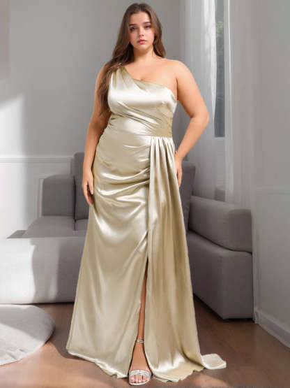 Princess A-Line One-Shoulder Ruffled Plus Size Bridesmaid Gown in Stretch Satin