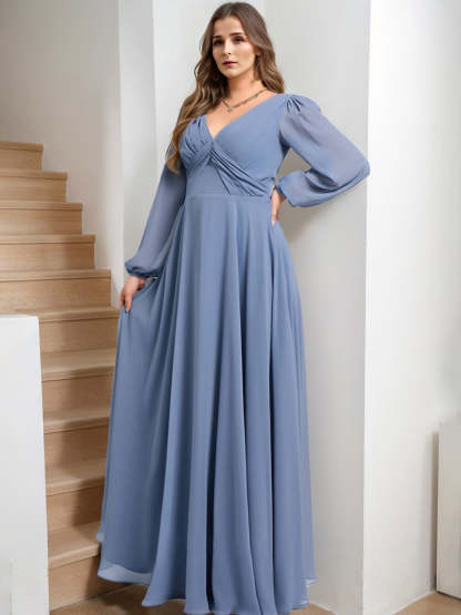 Plus Size Floor-Length Chiffon Bridesmaid Dress with Ruffles A-Line/Princess V-Neck Long Sleeves