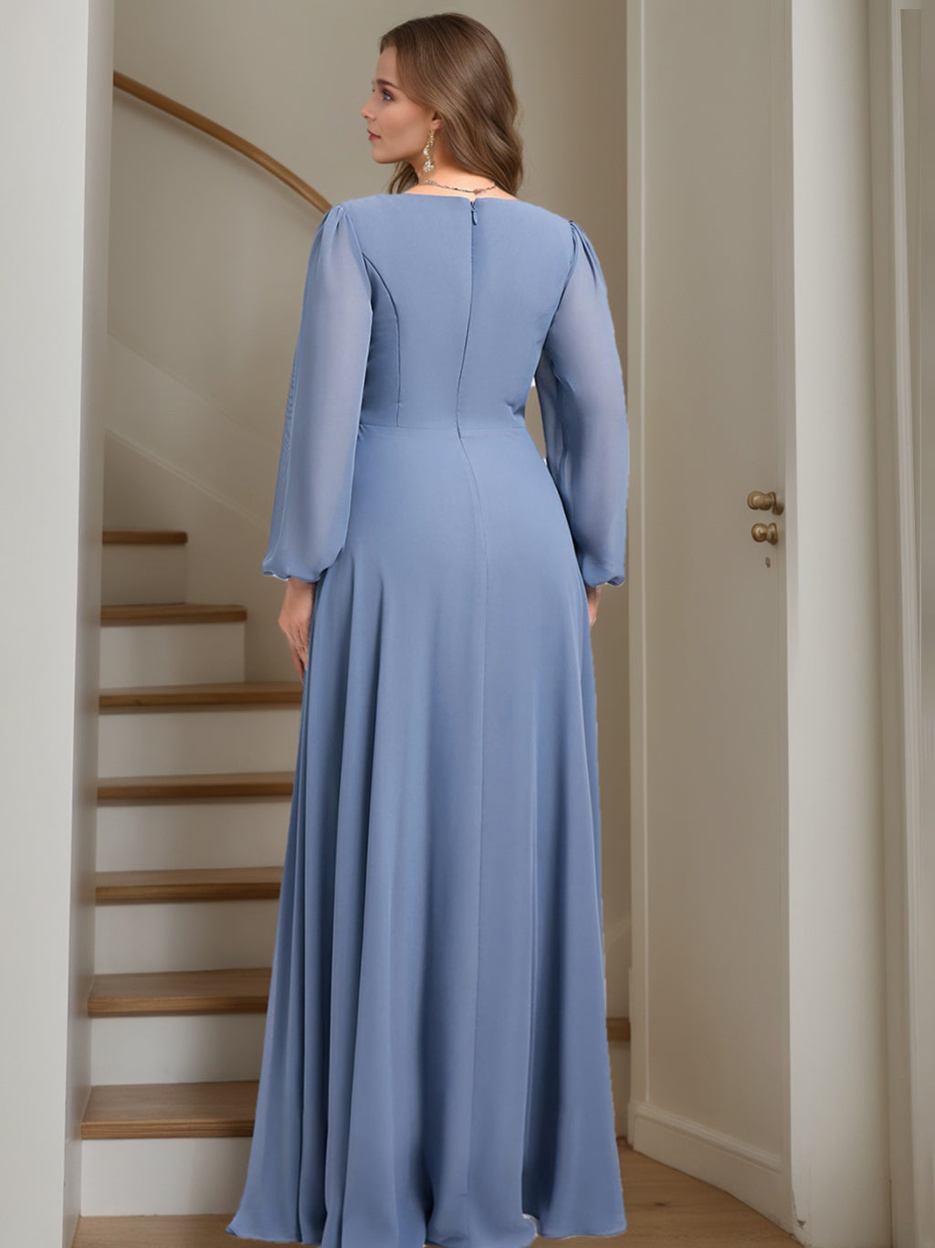 Plus Size Floor-Length Chiffon Bridesmaid Dress with Ruffles A-Line/Princess V-Neck Long Sleeves