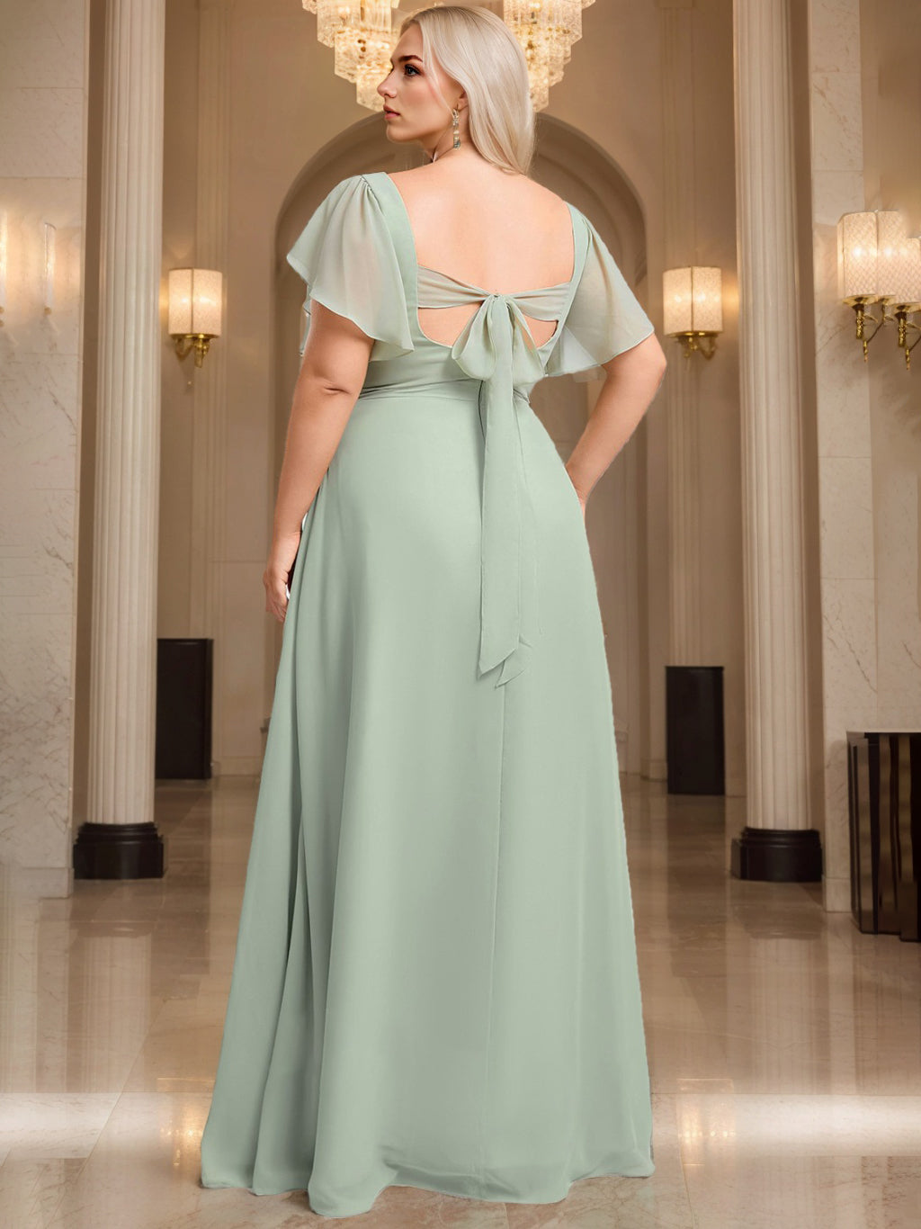 Plus Size Floor-Length Chiffon Bridesmaid Dress with V-Neck and Short Sleeves