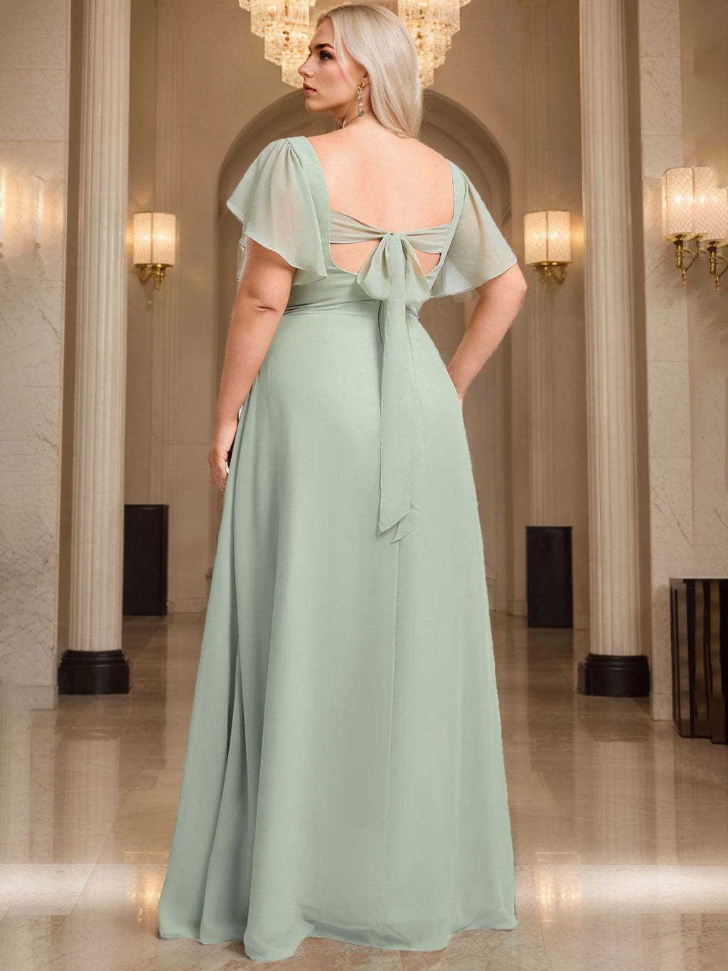 Plus Size Floor-Length Chiffon Bridesmaid Dress with V-Neck and Short Sleeves