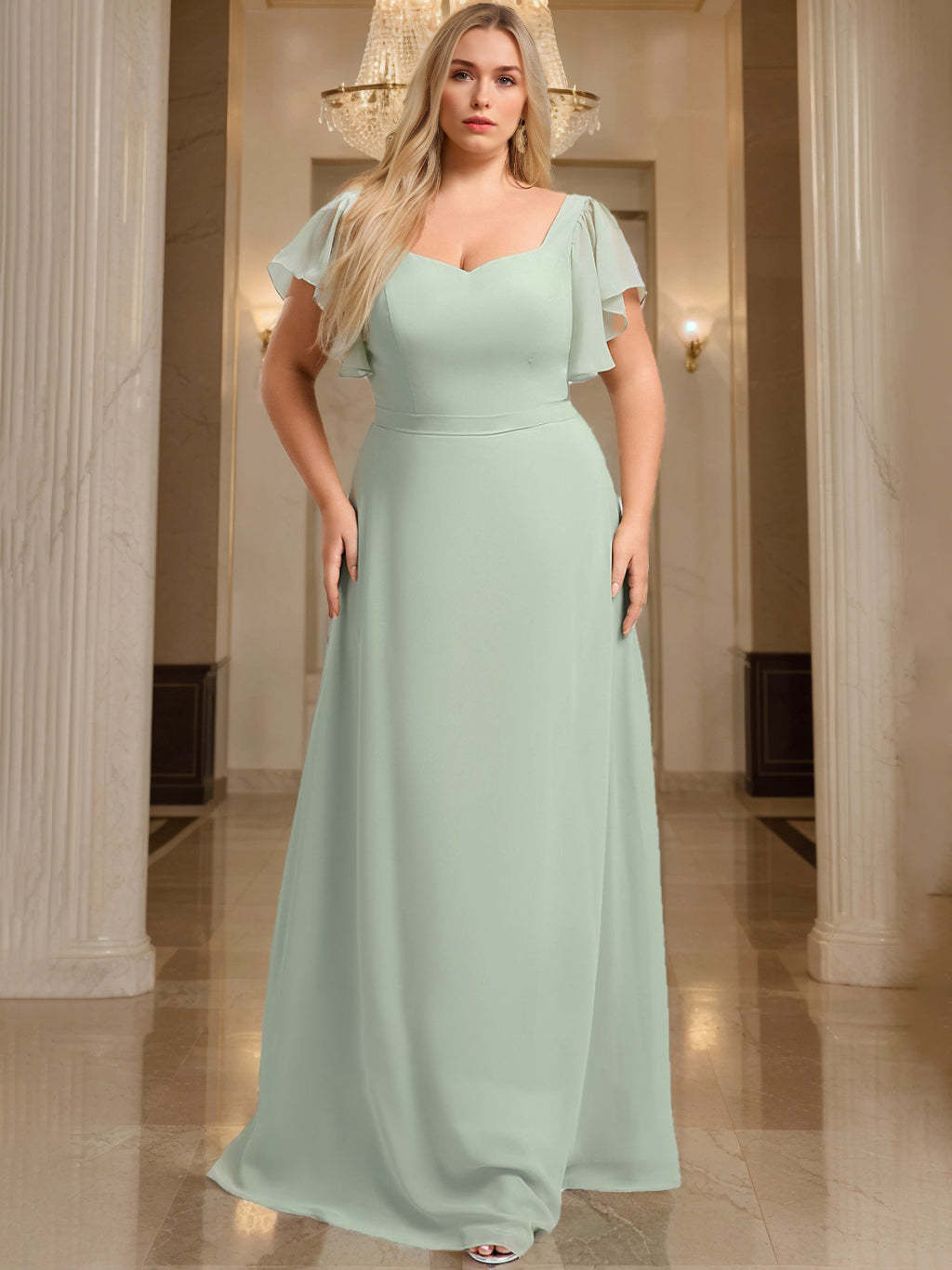 Plus Size Floor-Length Chiffon Bridesmaid Dress with V-Neck and Short Sleeves
