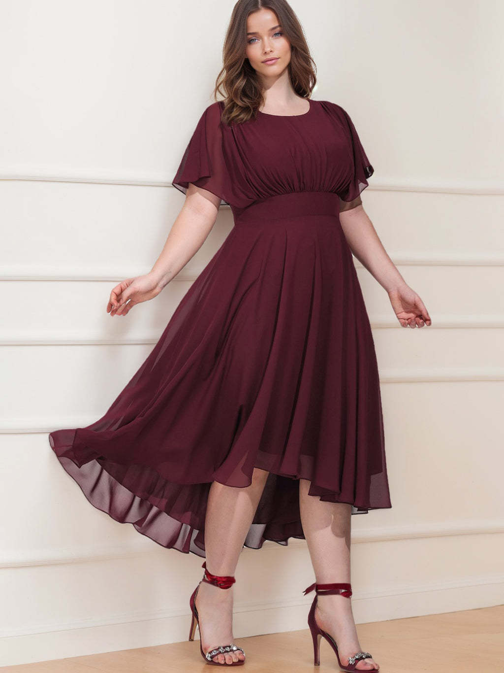 Plus Size Asymmetrical A-Line Bridesmaid Dresses with Scoop Neck and Ruffled Short Sleeves