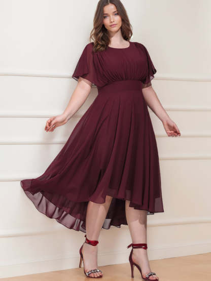 Plus Size Asymmetrical A-Line Bridesmaid Dresses with Scoop Neck and Ruffled Short Sleeves