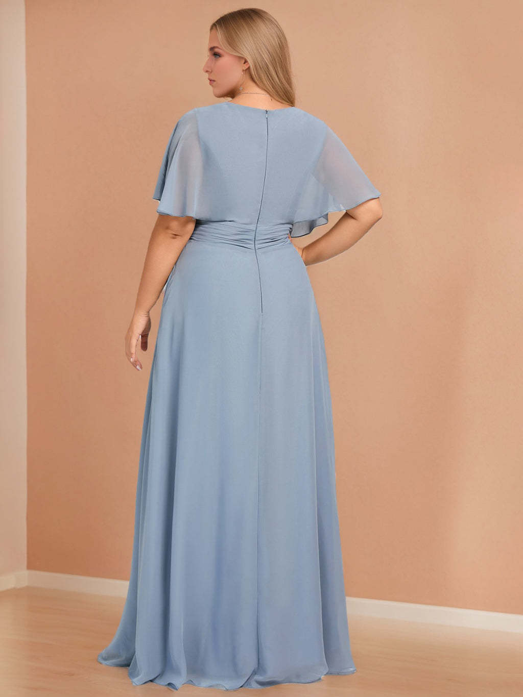 Plus Size Chiffon Bridesmaid Dresses with Ruffles in A-Line/Princess V-Neck and Half Sleeves