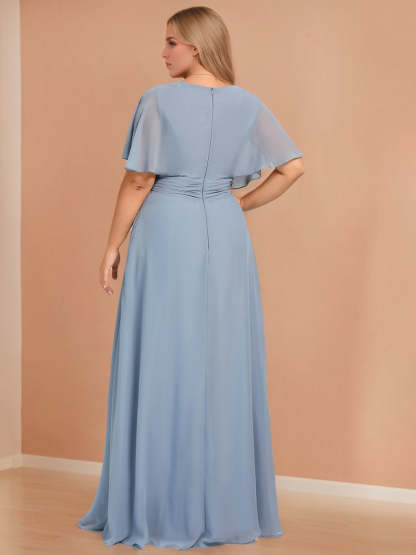 Plus Size Chiffon Bridesmaid Dresses with Ruffles in A-Line/Princess V-Neck and Half Sleeves