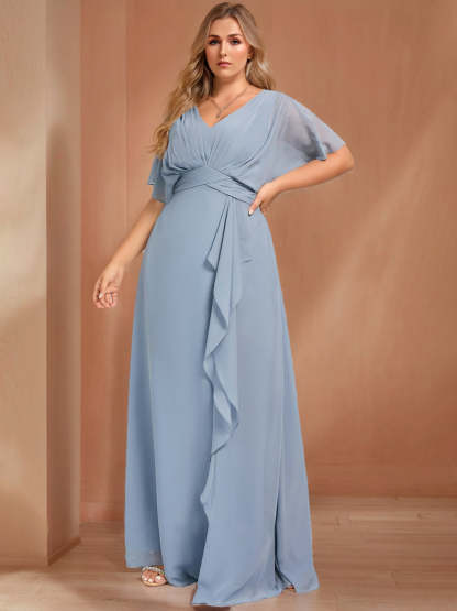 Plus Size Chiffon Bridesmaid Dresses with Ruffles in A-Line/Princess V-Neck and Half Sleeves
