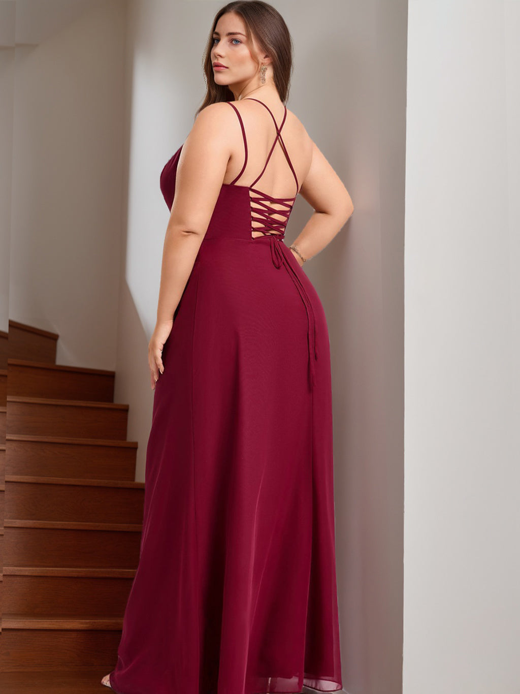 Plus Size Square Neck Sleeveless Bridesmaid Dress with Mermaid/Trumpet Cut and Side Split