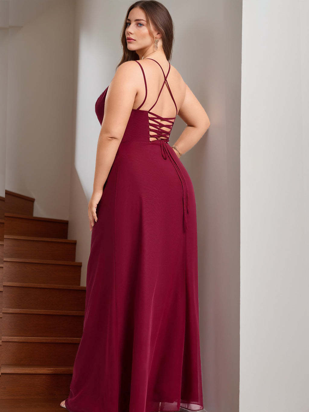 Plus Size Square Neck Sleeveless Bridesmaid Dress with Mermaid/Trumpet Cut and Side Split