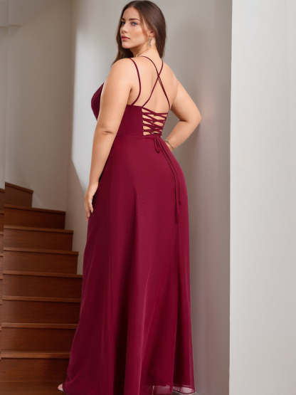 Plus Size Square Neck Sleeveless Bridesmaid Dress with Mermaid/Trumpet Cut and Side Split