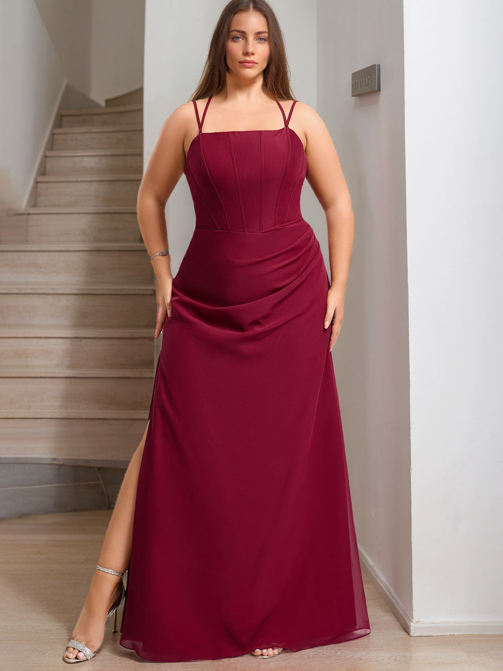 Plus Size Square Neck Spaghetti Strap Mermaid Bridesmaid Dress with Side Split
