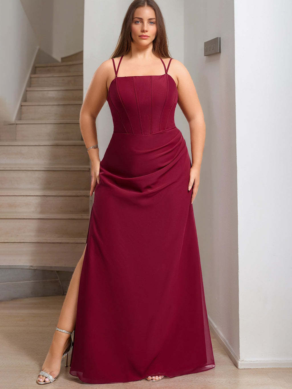 Plus Size Square Neck Sleeveless Bridesmaid Dress with Mermaid/Trumpet Cut and Side Split
