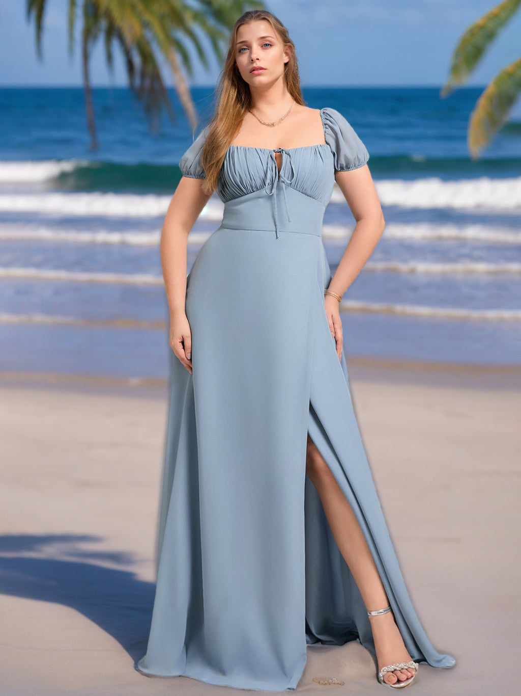 Plus Size Chiffon Bridesmaid Dress with Square Neck Short Sleeves Ruffles and Side Split