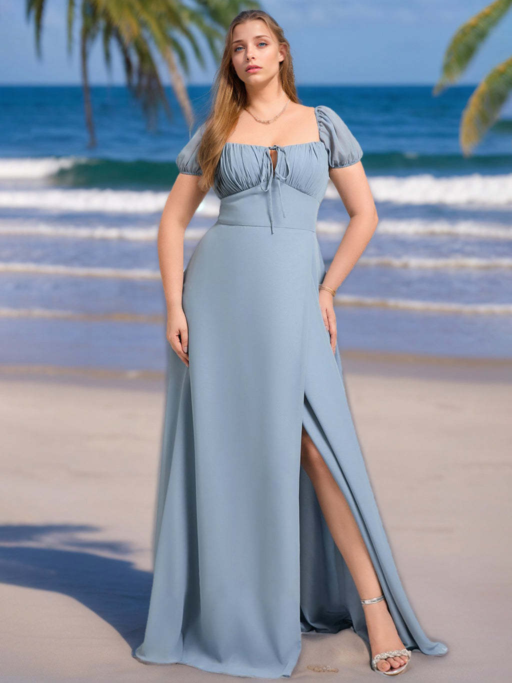 Plus Size Chiffon Bridesmaid Dress with Square Neck Short Sleeves Ruffles and Side Split