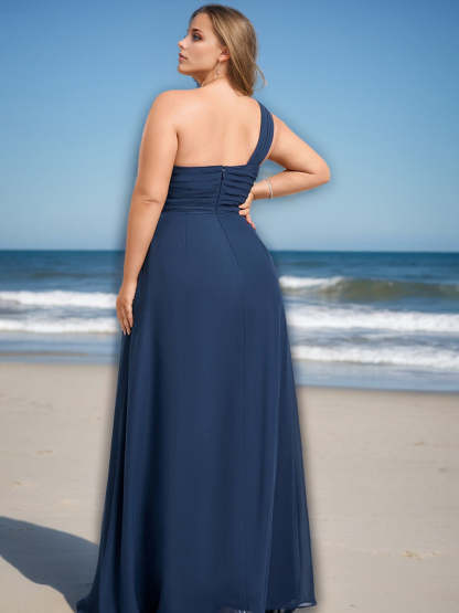 One-Shoulder Ruffled Floor-Length Plus Size A-Line Bridesmaid Dress