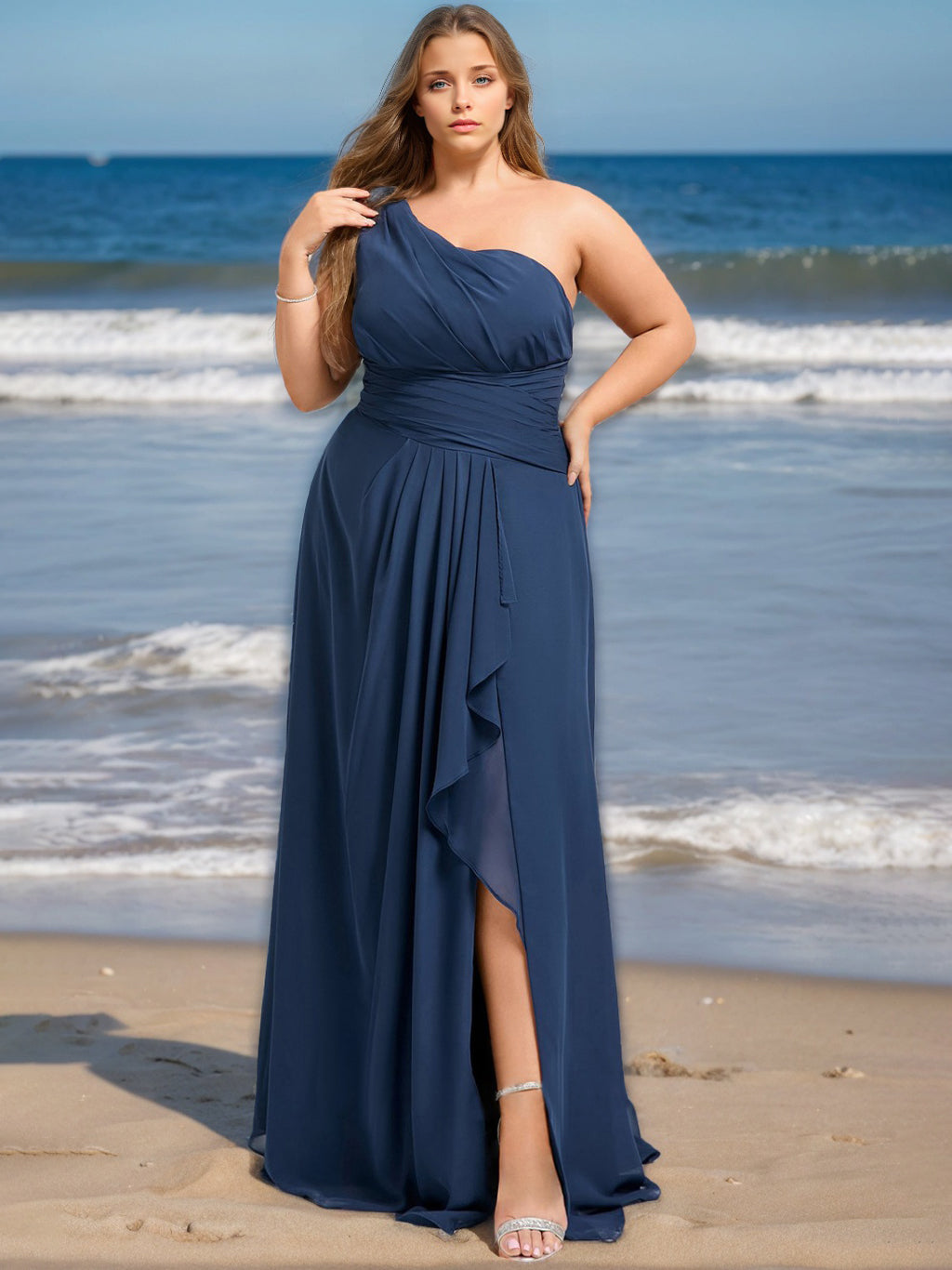 One-Shoulder Ruffled Floor-Length Plus Size A-Line Bridesmaid Dress