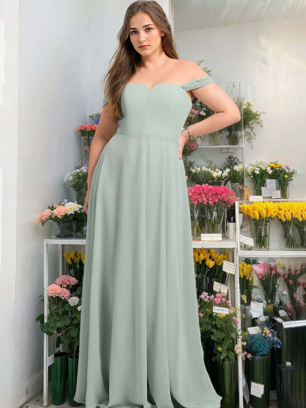 Plus Size Off-the-Shoulder A-Line Princess Bridesmaid Dresses in Floor-Length Square Design