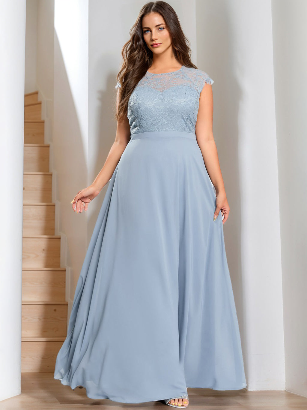 Plus Size Scoop Neck Sleeveless A-Line Princess Floor-Length Lace Bridesmaid Dress