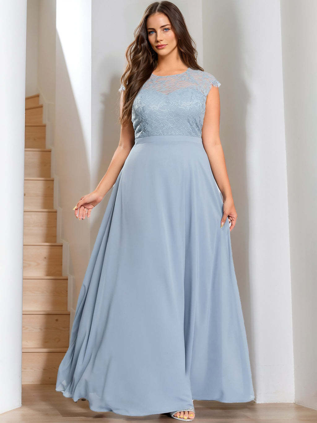 Plus Size Scoop Neck Sleeveless A-Line Princess Floor-Length Lace Bridesmaid Dress