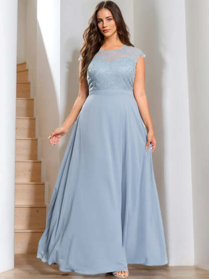 Plus Size Scoop Neck Sleeveless A-Line Princess Floor-Length Lace Bridesmaid Dress