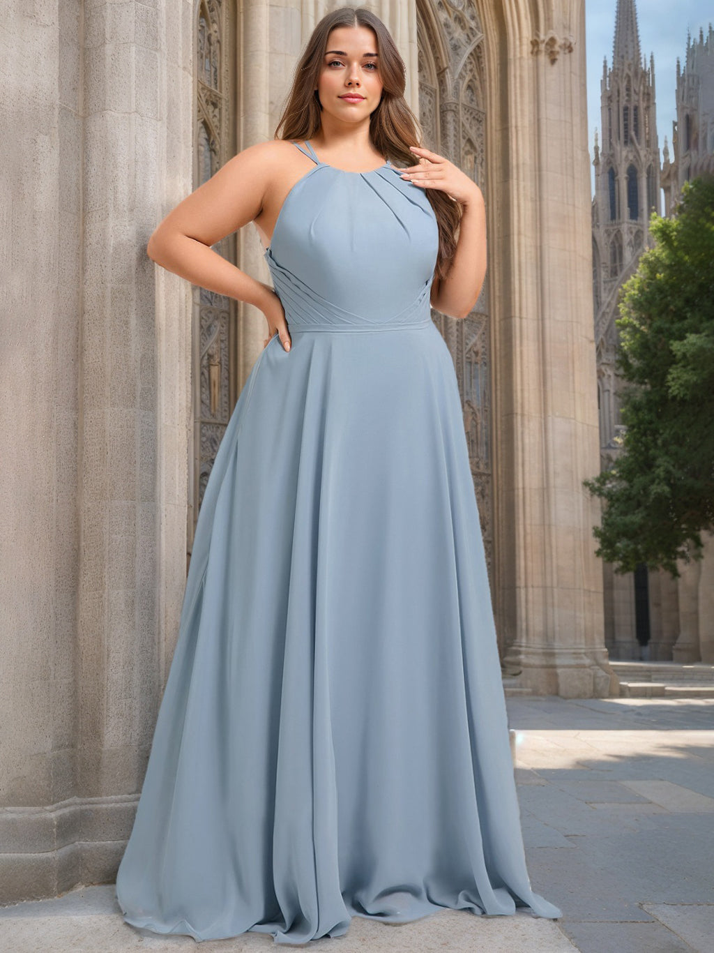 Plus Size Chiffon Bridesmaid Dresses with Halter Neckline and Floor-Length A-Line/Princess Silhouette-BMbridal.UK