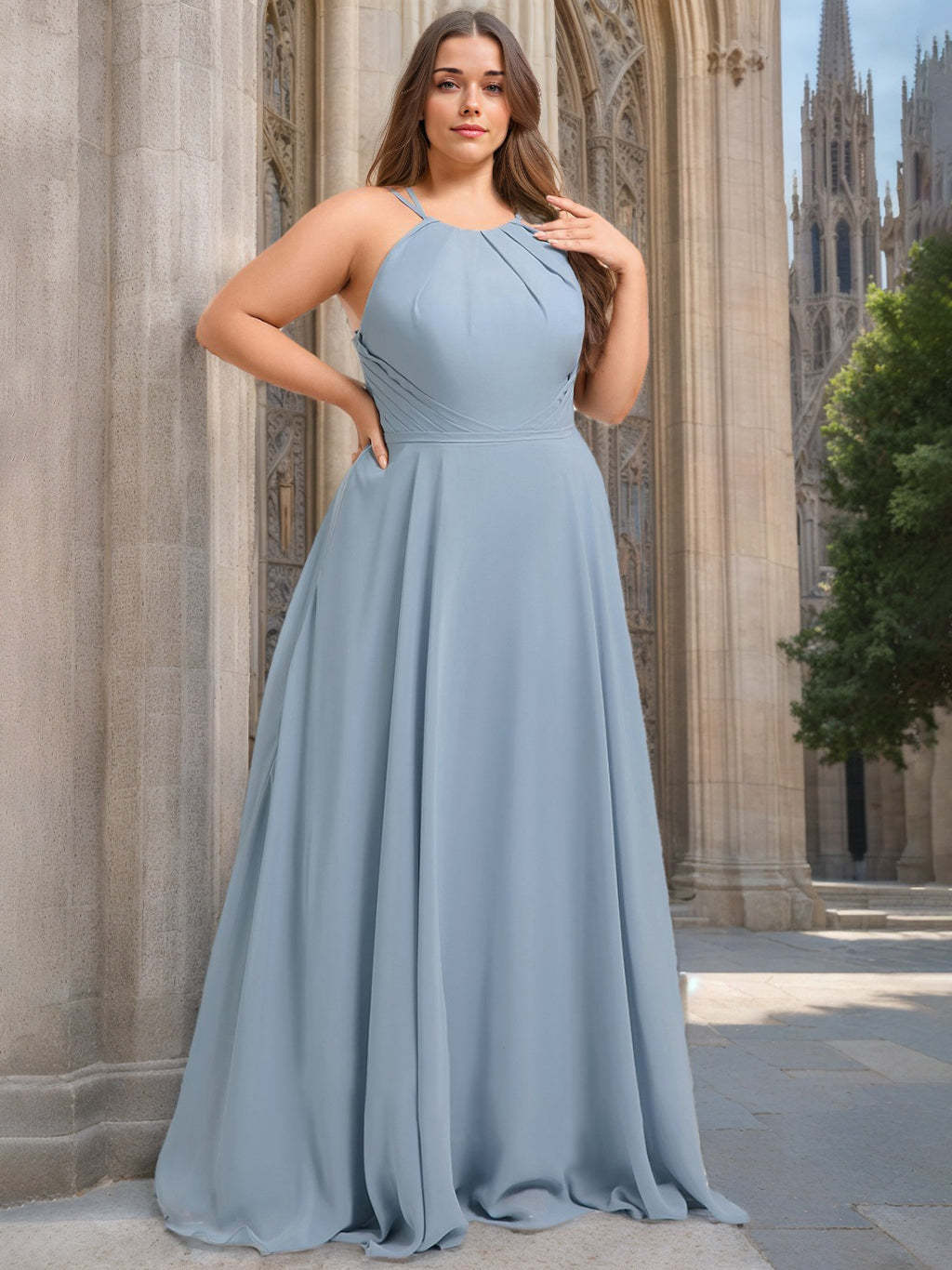 Plus Size Chiffon Bridesmaid Dresses with Halter Neckline and Floor-Length A-Line/Princess Silhouette-BMbridal.UK