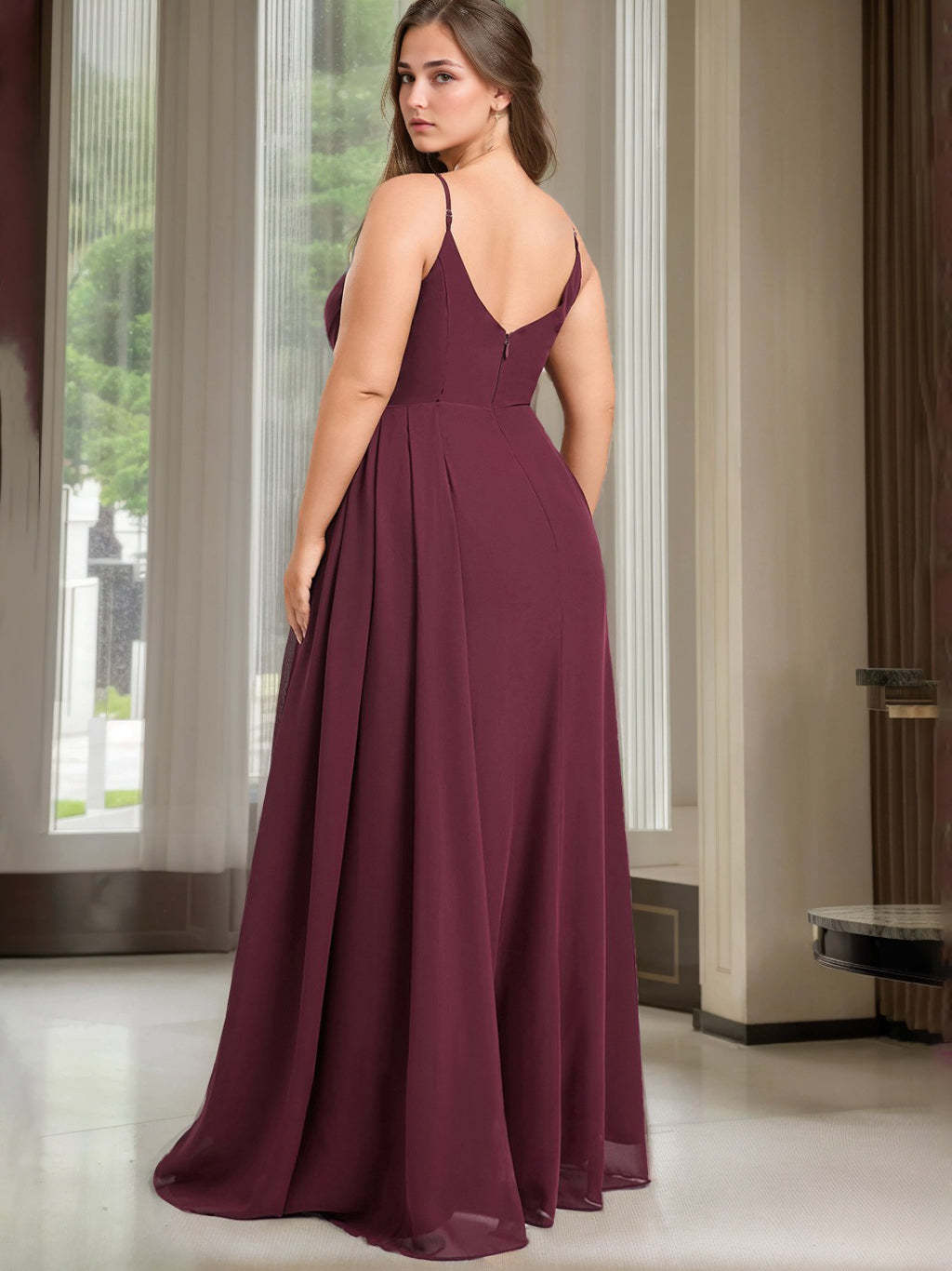 Unique Plus Size V-Neck Spaghetti Strap Bridesmaid Dress with Ruffles and Side Split