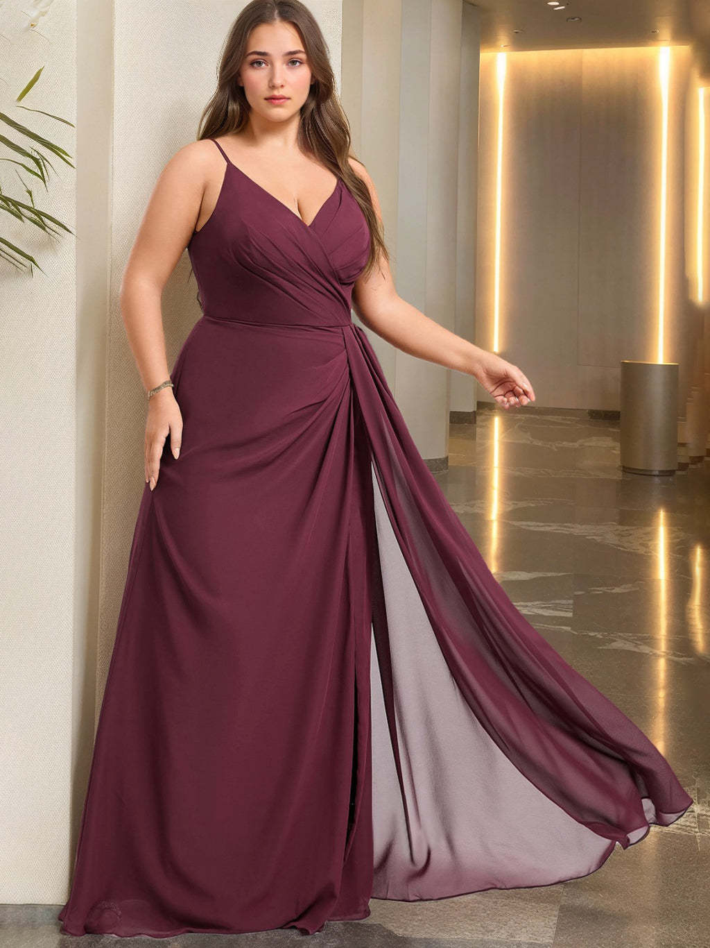 Unique Plus Size V-Neck Spaghetti Strap Bridesmaid Dress with Ruffles and Side Split