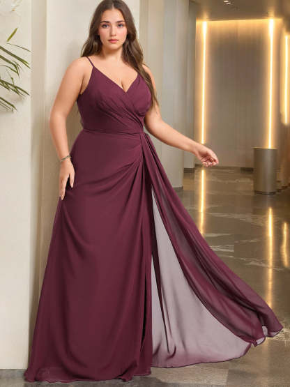 Unique Plus Size V-Neck Spaghetti Strap Bridesmaid Dress with Ruffles and Side Split