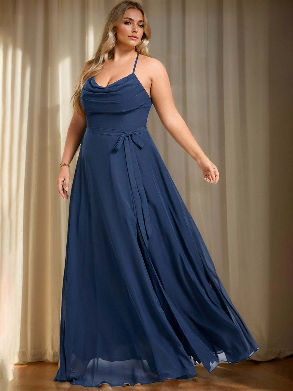Plus Size Floor-Length A-Line Bridesmaid Dress with Cowl Neck and Ruffles