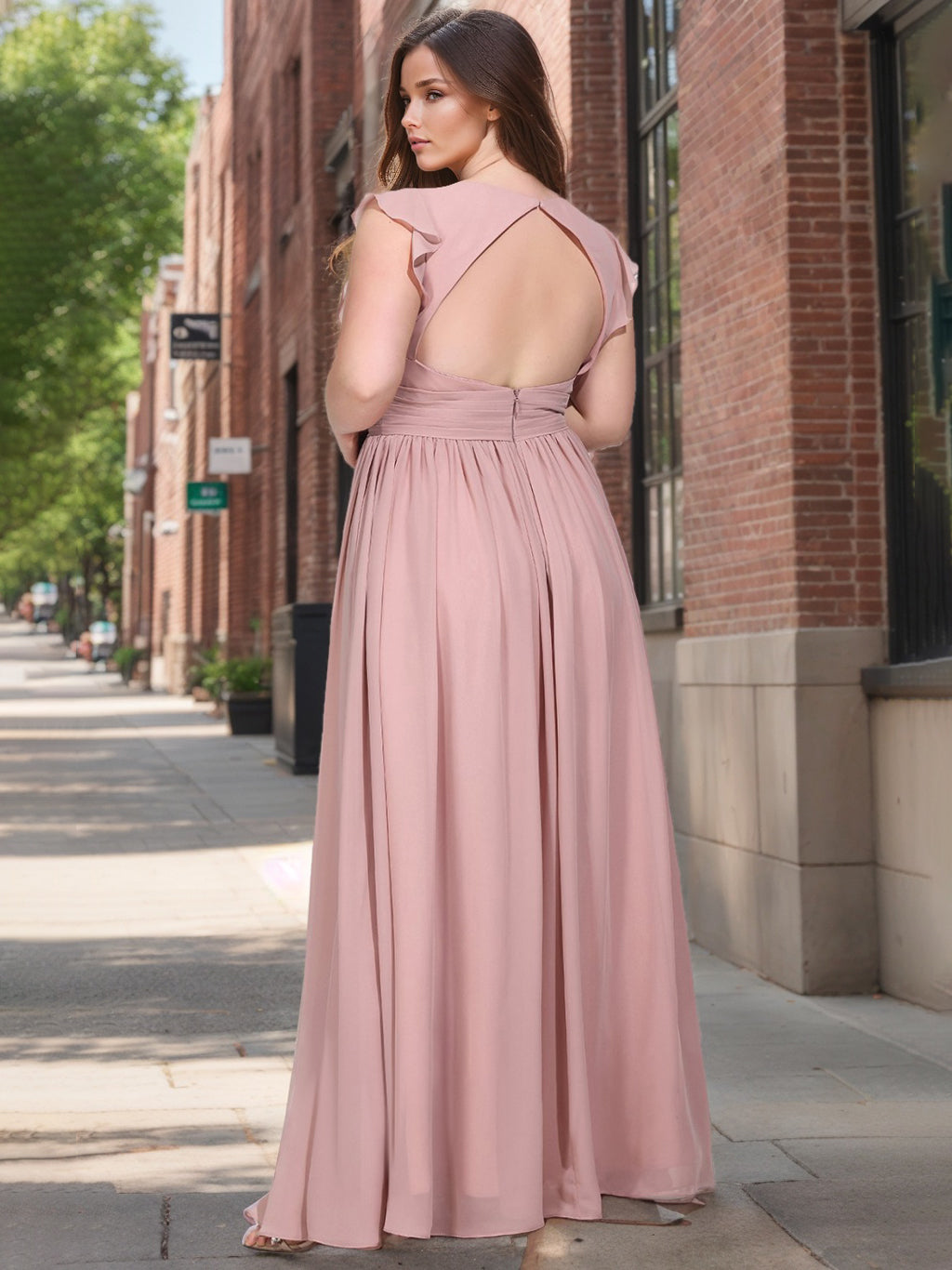 Plus Size Floor-Length A-Line Bridesmaid Dresses with V-Neck and Ruffled Short Sleeves