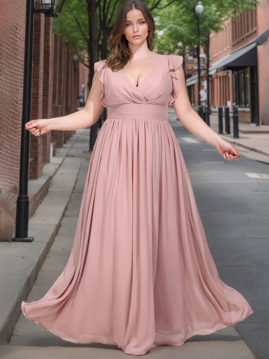 Plus Size Floor-Length A-Line Bridesmaid Dresses with V-Neck and Ruffled Short Sleeves