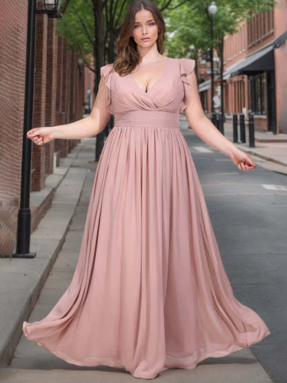 Plus Size Floor-Length A-Line Bridesmaid Dresses with V-Neck and Ruffled Short Sleeves
