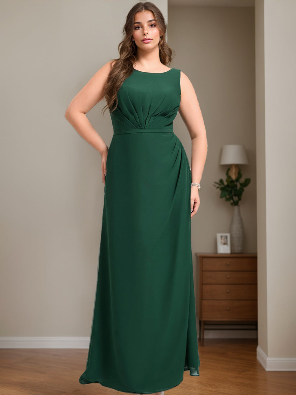 Plus Size Floor-Length A-Line Bridesmaid Dress with Boat Neck and Ruffles