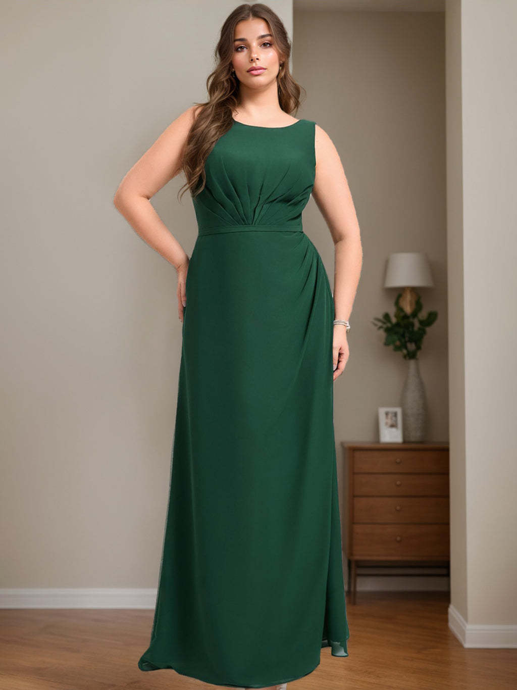 Plus Size Floor-Length A-Line Bridesmaid Dress with Boat Neck and Ruffles