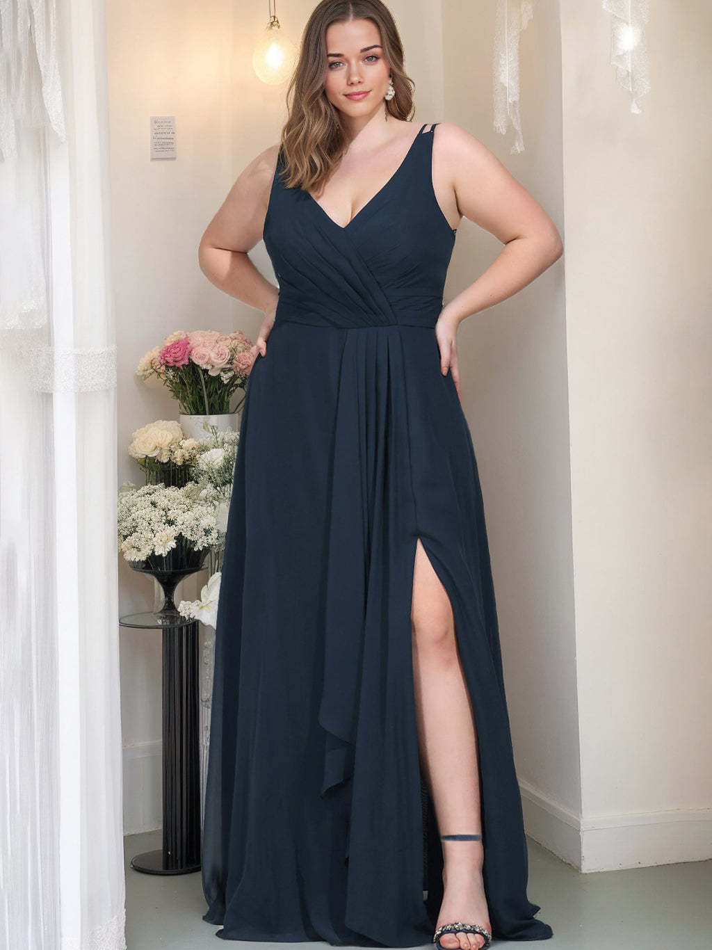 Unique Plus Size Chiffon Bridesmaid Dress with Ruffles – Sleeveless V-Neck A-Line/Princess Floor-Length-BMbridal.UK