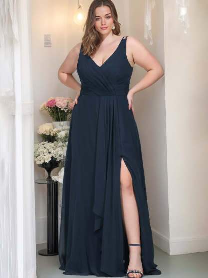 Unique Plus Size Chiffon Bridesmaid Dress with Ruffles – Sleeveless V-Neck A-Line/Princess Floor-Length-BMbridal.UK