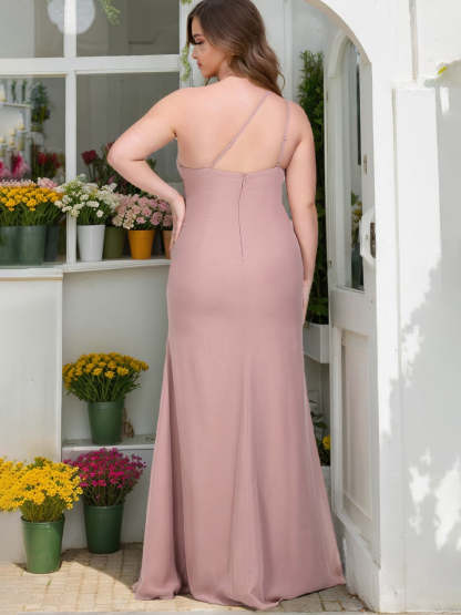 Plus Size Chiffon Bridesmaid Dress in A-Line/Princess Style, One-Shoulder Sleeveless with Ruffles and Floor-Length-BMbridal.UK