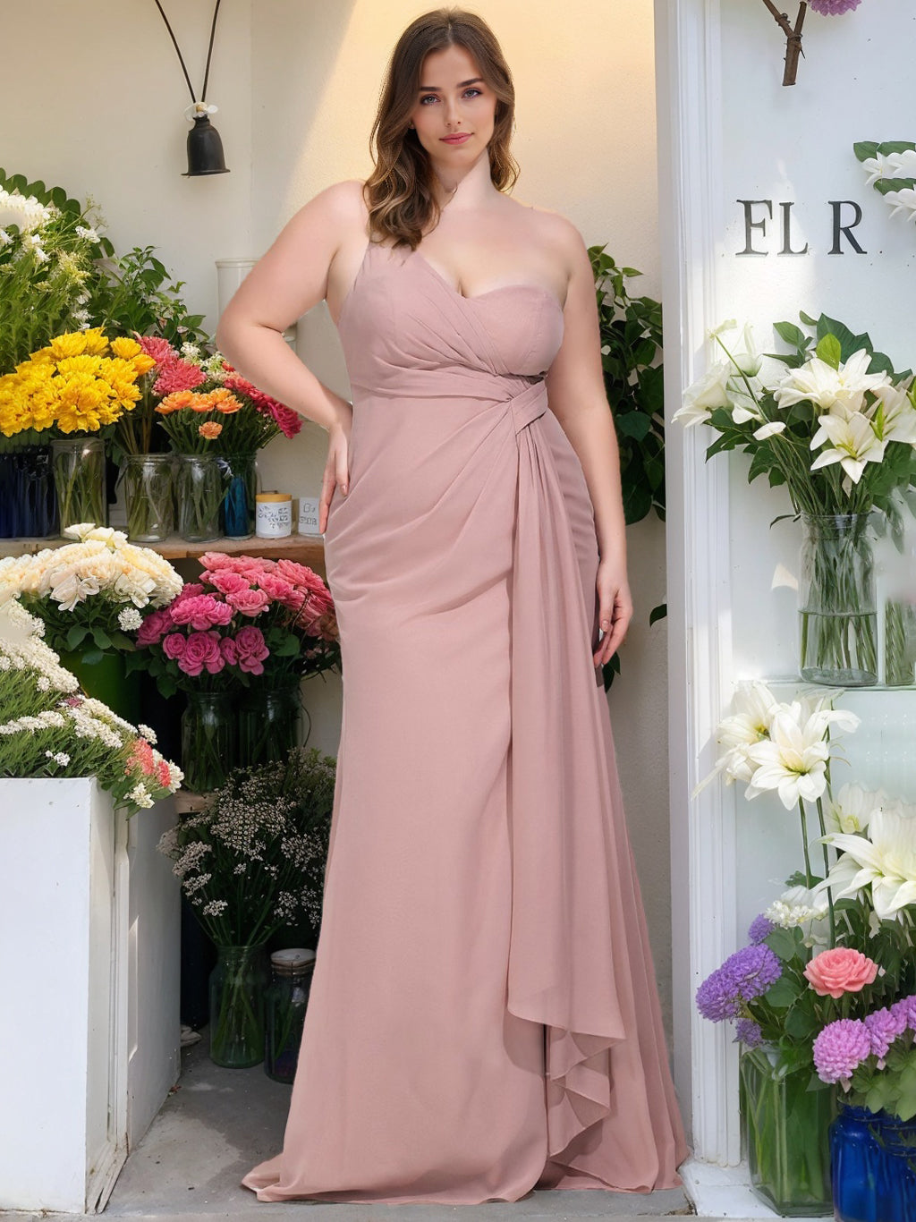 Plus Size Chiffon Bridesmaid Dress in A-Line/Princess Style, One-Shoulder Sleeveless with Ruffles and Floor-Length-BMbridal.UK