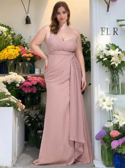 Plus Size Chiffon Bridesmaid Dress in A-Line/Princess Style, One-Shoulder Sleeveless with Ruffles and Floor-Length-BMbridal.UK