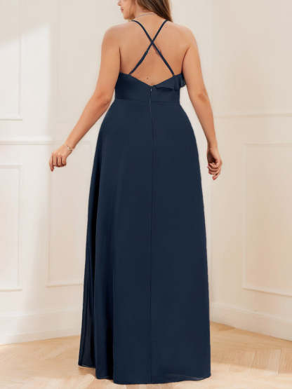Plus Size Chiffon Bridesmaid Dress with Spaghetti Straps and Side Split A-Line/Princess Floor-Length