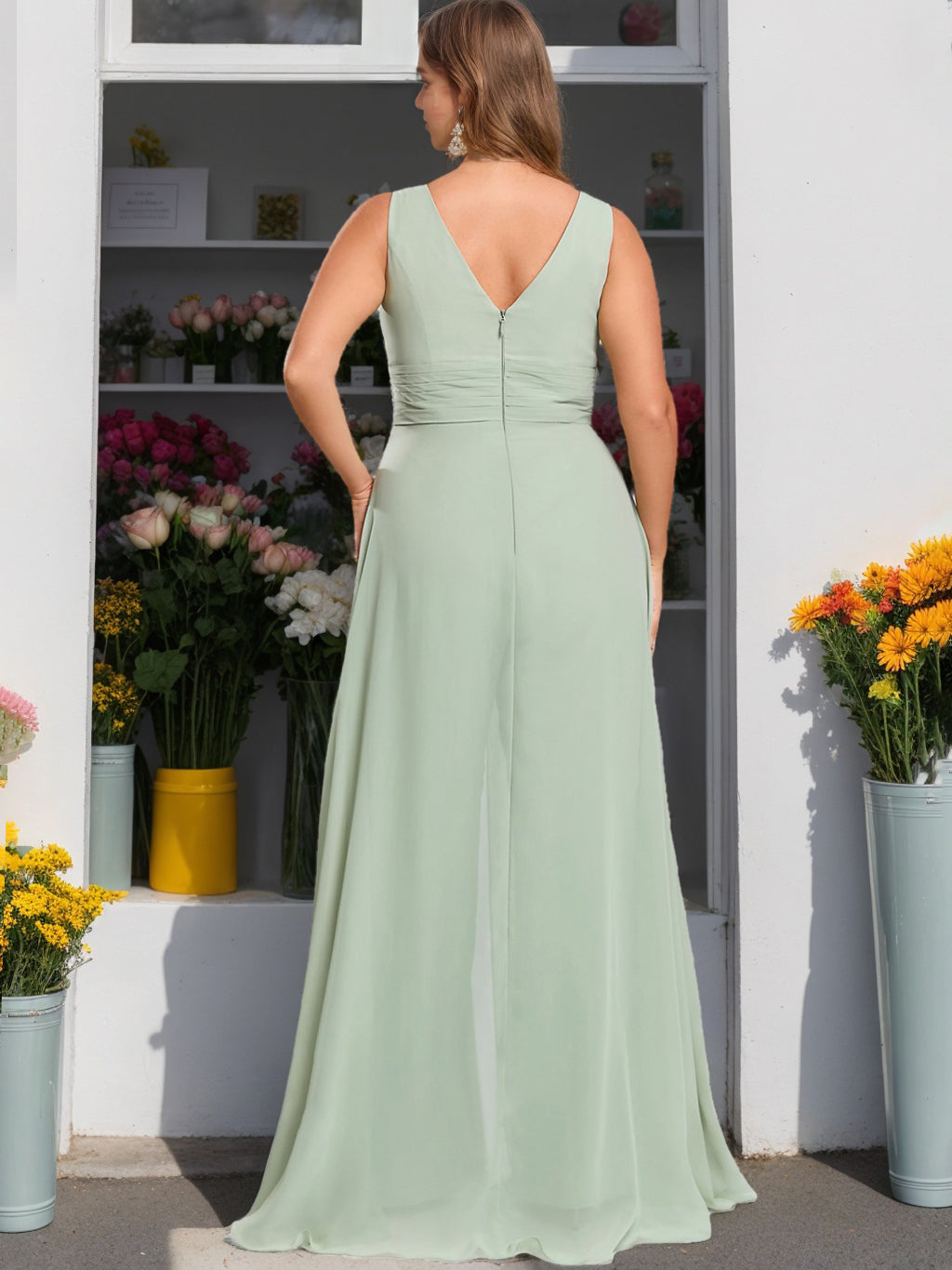 Unique Plus Size Chiffon Bridesmaid Pantsuit with V-Neck and Ruffles