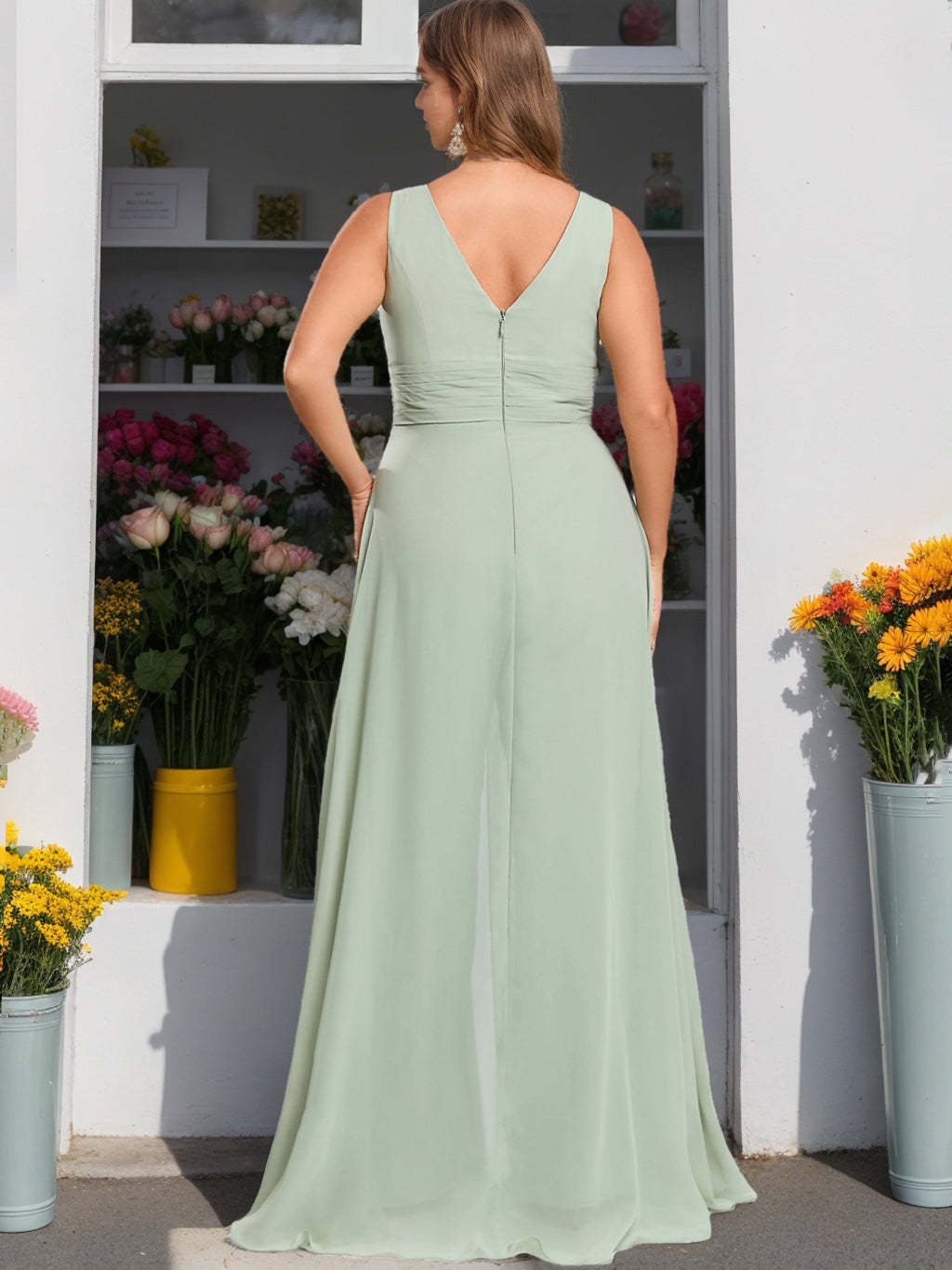 Unique Plus Size Chiffon Bridesmaid Pantsuit with V-Neck and Ruffles